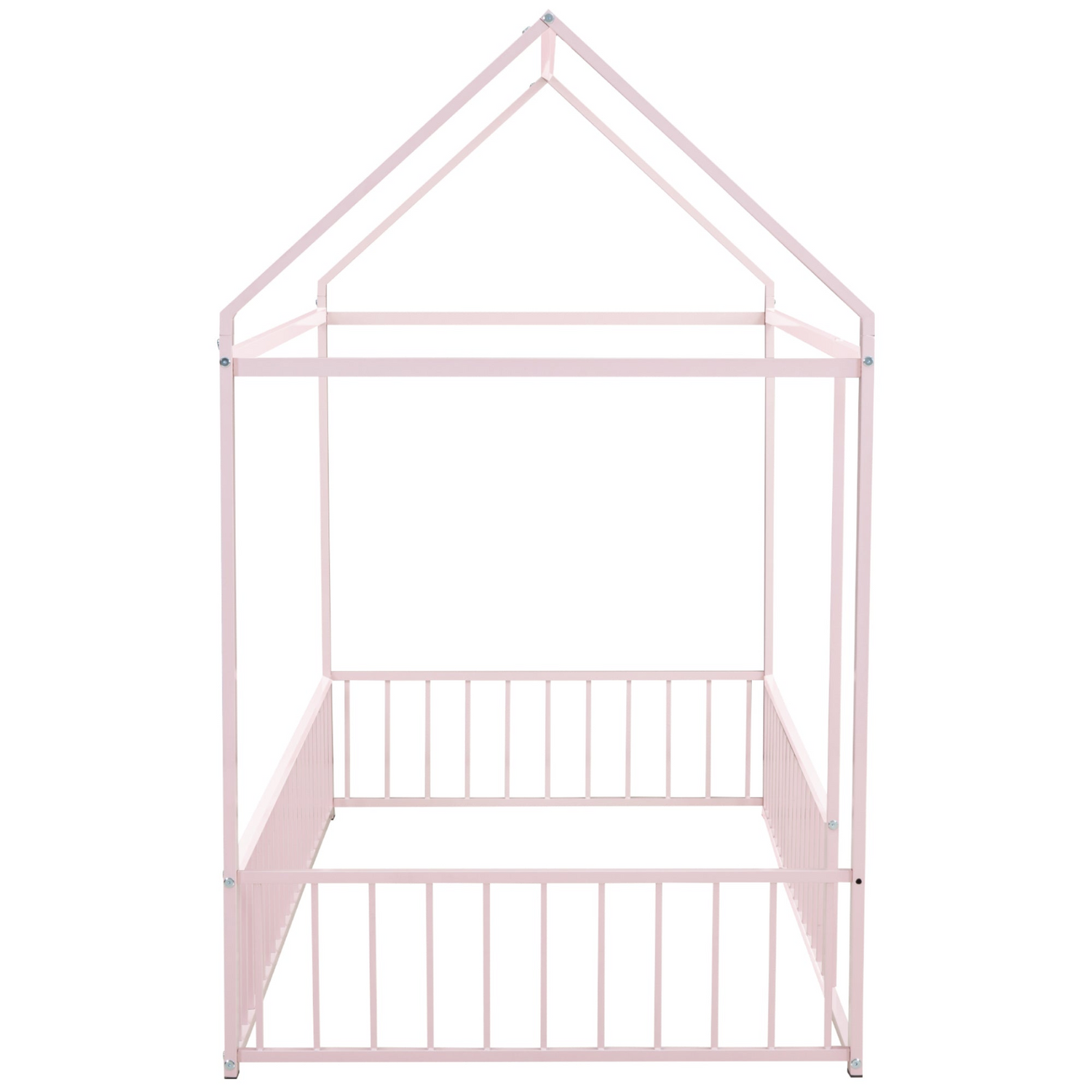 Start2Finish metal house bed frame with fence, sturdy design for kids, teens, girls, and boys, showcasing the playful house shape and safety features.