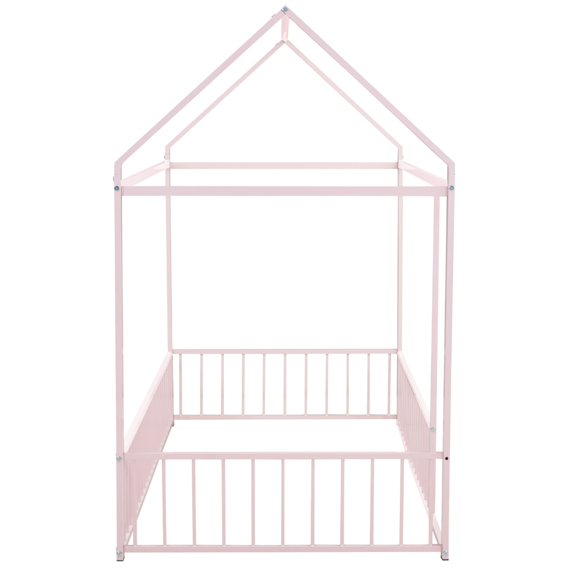 Start2Finish metal house bed frame with fence, sturdy design for kids, teens, girls, and boys, showcasing the playful house shape and safety features.