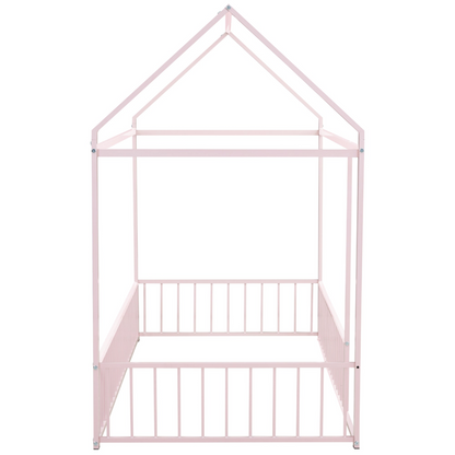 Start2Finish metal house bed frame with fence, sturdy design for kids, teens, girls, and boys, showcasing the playful house shape and safety features.