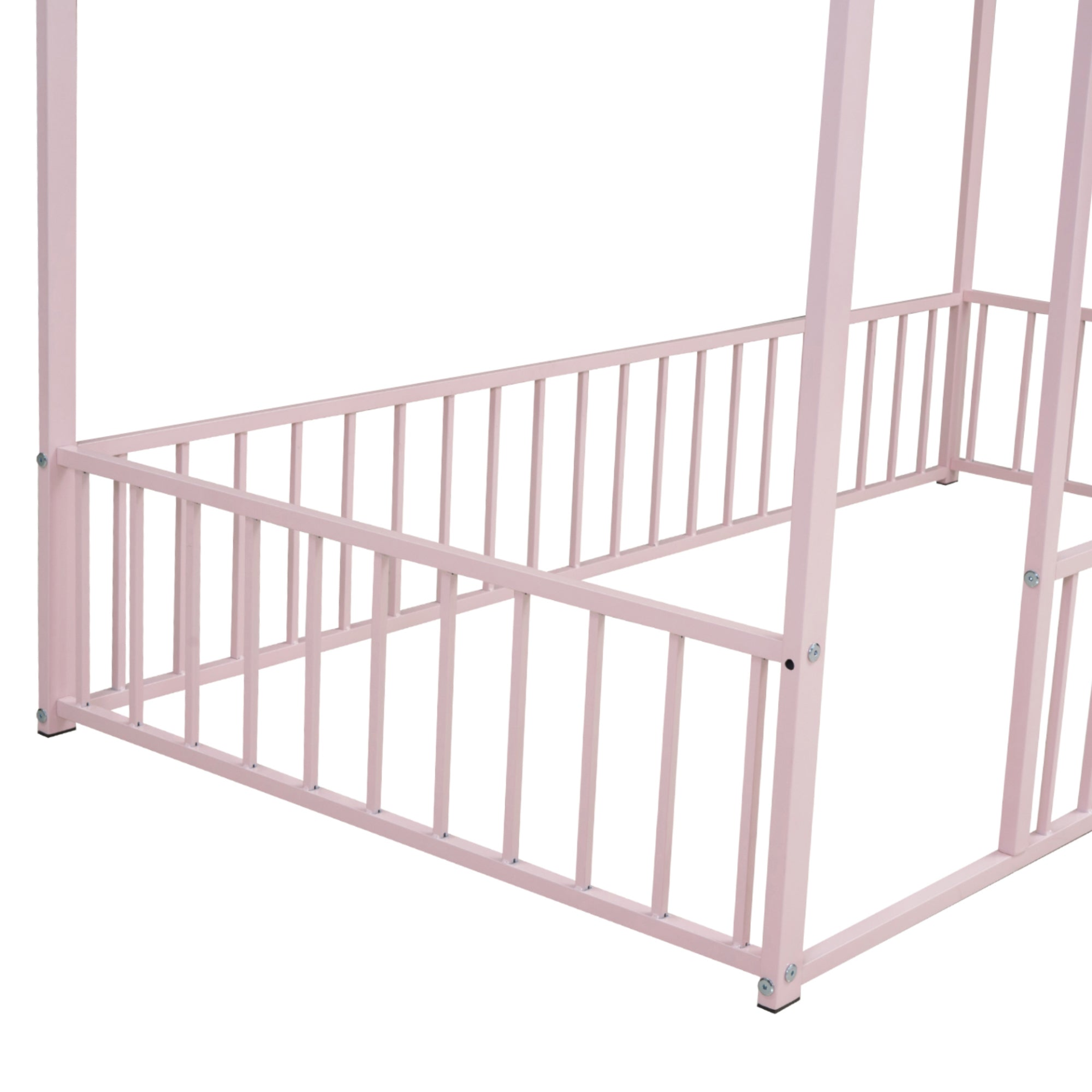 Start2Finish metal house bed frame with fence, sturdy design for kids and teens, featuring a playful house-shaped bed structure.
