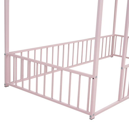 Start2Finish metal house bed frame with fence, sturdy design for kids and teens, featuring a playful house-shaped bed structure.