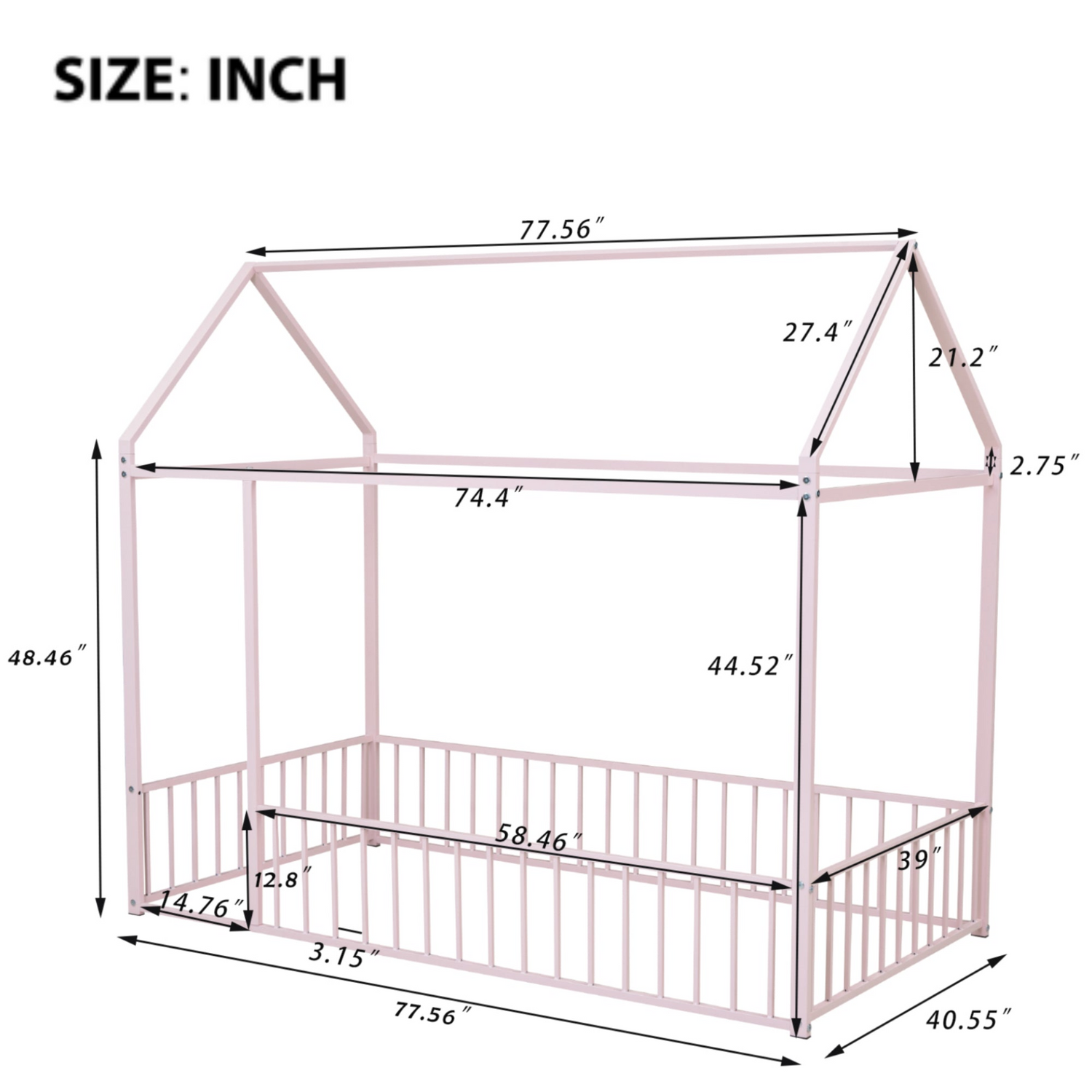 Start2Finish metal house bed frame with fence, sturdy design for kids, teens, girls, and boys, featuring a playful house shape.