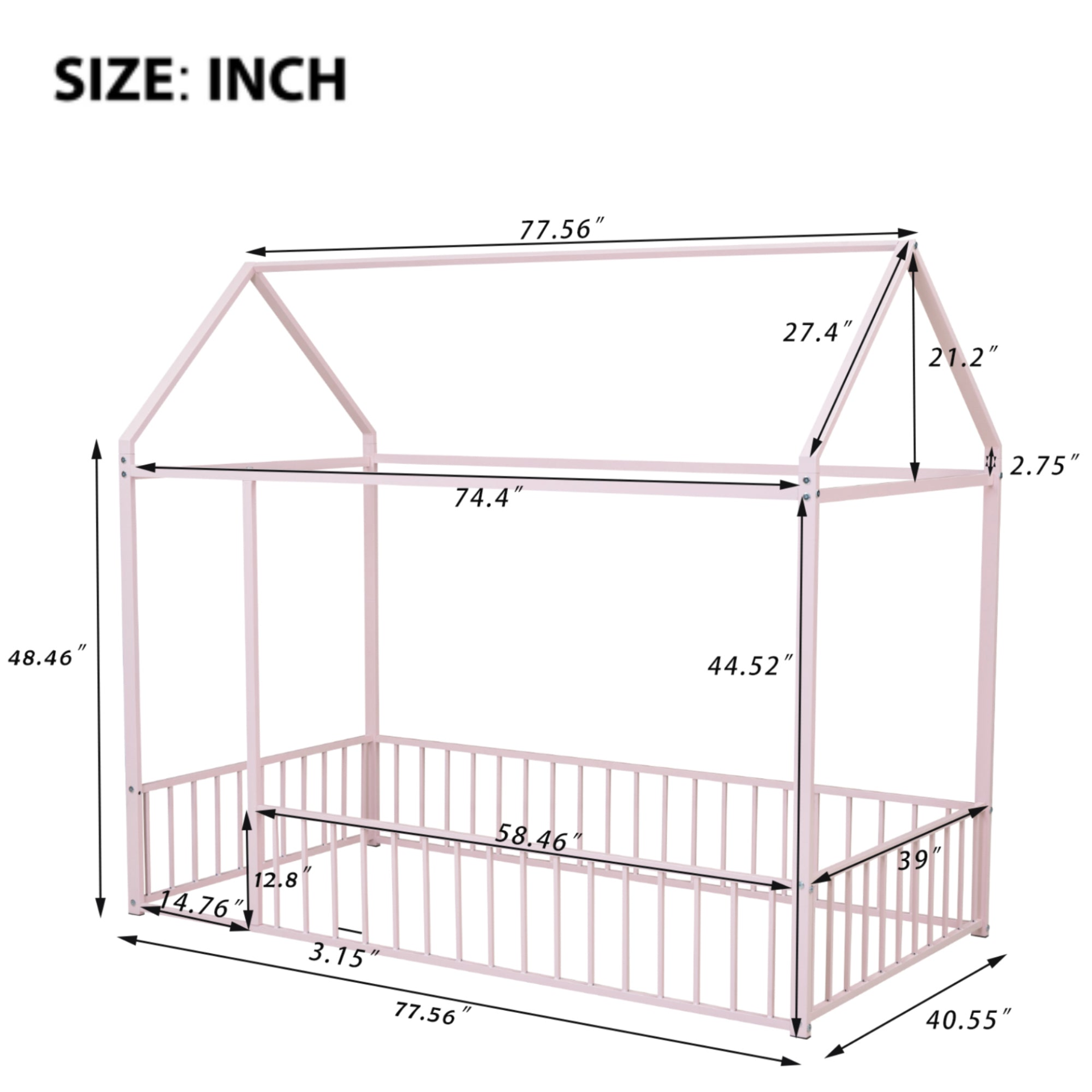 Start2Finish metal house bed frame with fence, sturdy design for kids, teens, girls, and boys, featuring a playful house shape.
