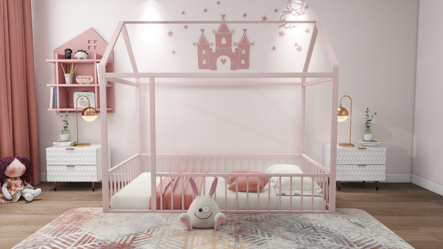Start2Finish metal house bed frame with fence, sturdy design for kids and teens, featuring a playful house-shaped headboard and safety fence.