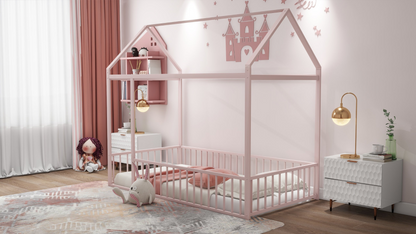Start2Finish metal house bed frame with fence, sturdy design for kids, teens, girls, and boys, featuring a cozy house-shaped headboard.