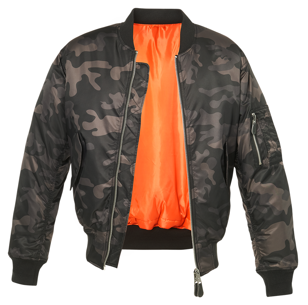Callisto MA1 Camo Jacket shown from the front, featuring a military-style camo pattern, zipper closure, and ribbed cuffs.