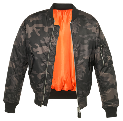 Callisto MA1 Camo Jacket shown from the front, featuring a military-style camo pattern, zipper closure, and ribbed cuffs.
