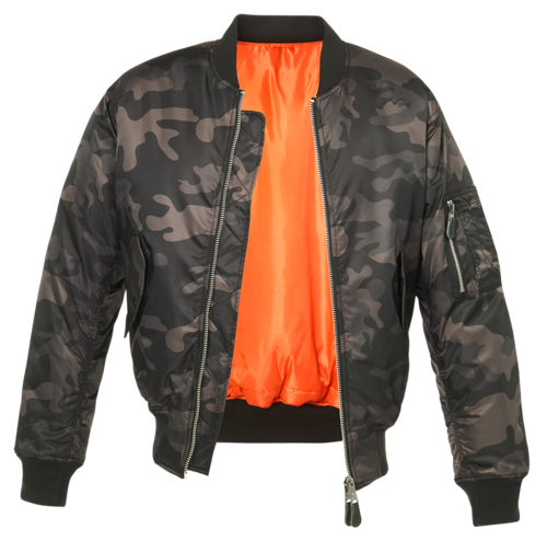 Callisto MA1 Camo Jacket displayed from the front, featuring a military-style camouflage pattern and classic bomber jacket design.