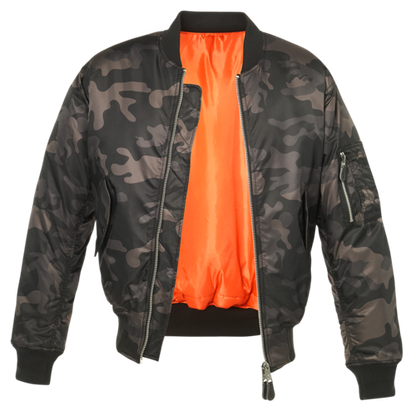 Callisto MA1 Camo Jacket displayed from the front, featuring a military-style camouflage pattern and classic bomber jacket design.