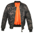 Callisto MA1 Camo Jacket displayed from the front, featuring a military-style camouflage pattern and classic bomber jacket design.