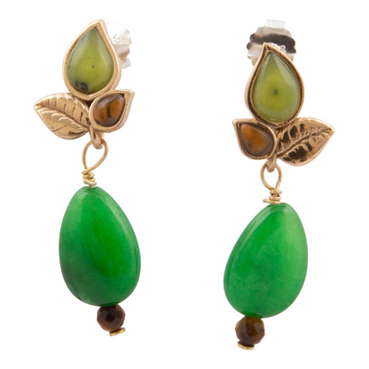 Green Jasper Golden Leaves post earrings with natural stone and leaf-shaped design, crafted by Start2Finish Jewelry.