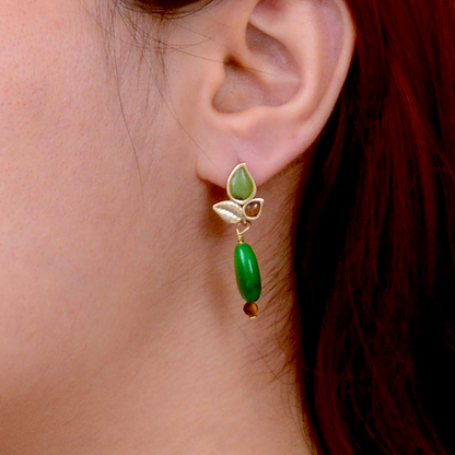 Green Jasper post earrings featuring gold leaf accents, crafted by Start2Finish jewelry, with a natural and elegant design.