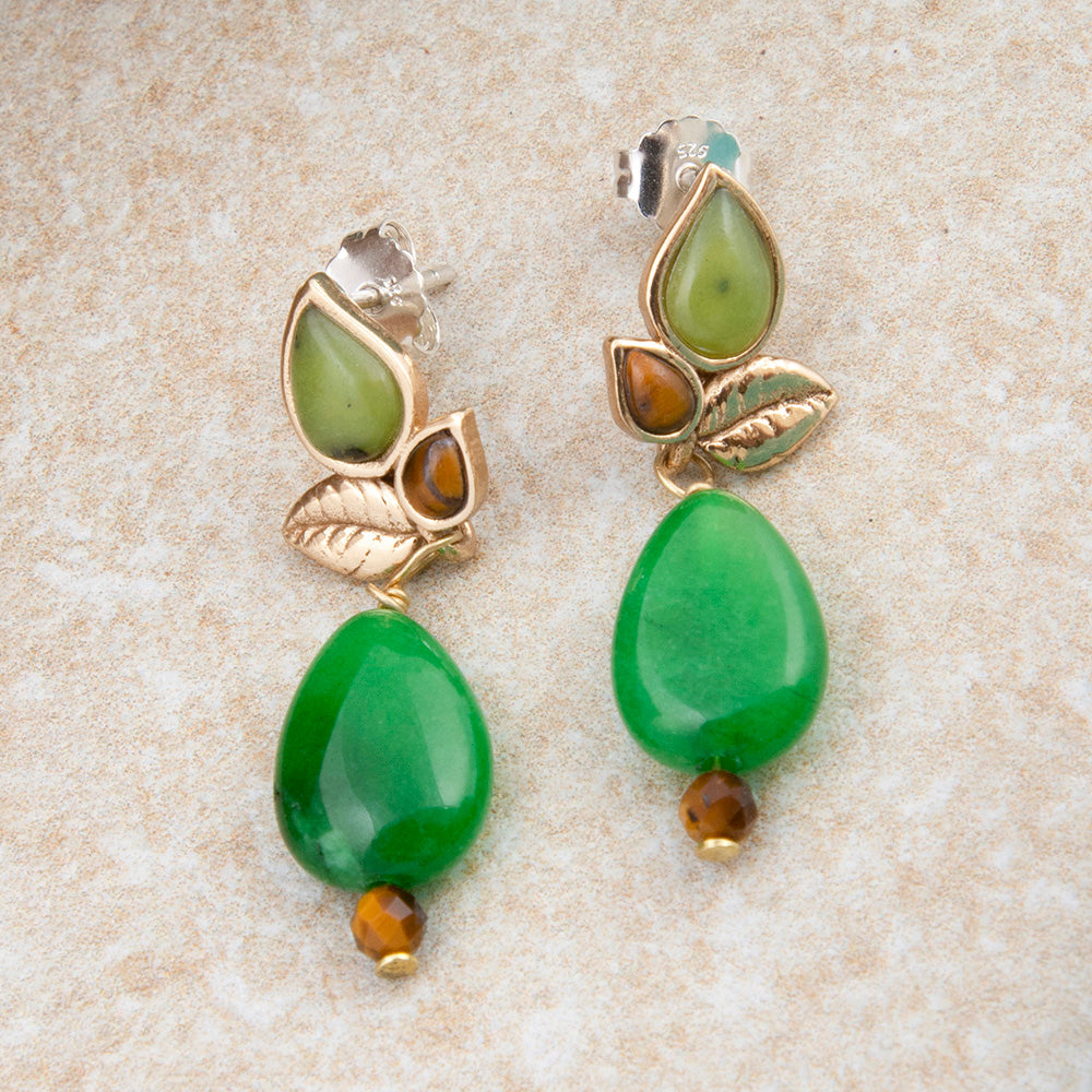 Green Jasper and gold leaf post earrings from Start2Finish featuring natural gemstone and elegant jewelry design.
