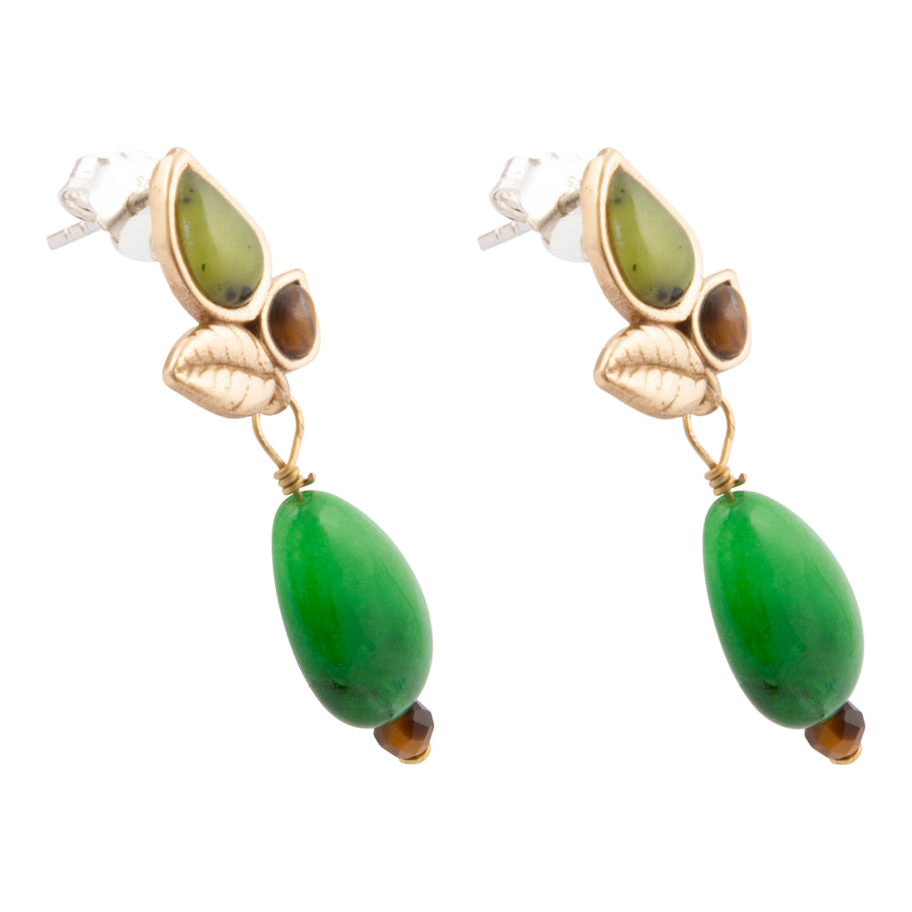 Green Jasper Golden Leaves Post Earrings by Start2Finish featuring nature-inspired jewelry design with green gemstone leaves.