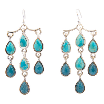 Sterling silver earrings with ombre blue turquoise and teal apatite drop stones, featuring elegant jewelry design.