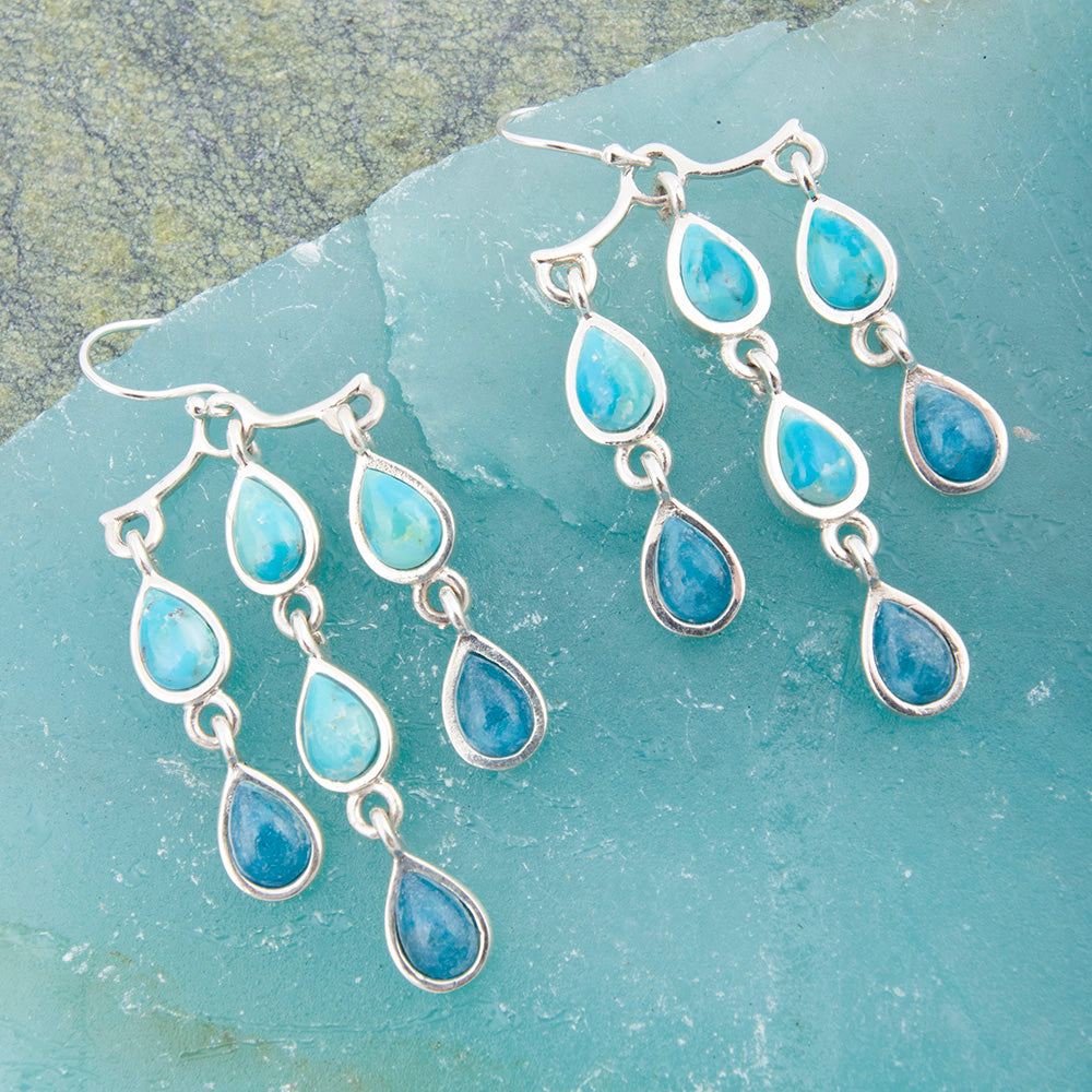 Sterling silver earrings with ombre blue turquoise and teal apatite drop gemstones, elegant jewelry by Start2Finish.