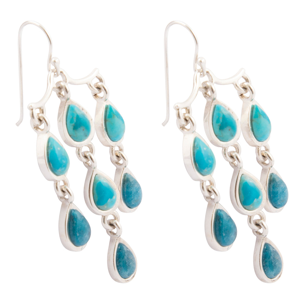 Ombre blue turquoise and teal apatite drop sterling silver earrings with polished gemstone beads and elegant hook findings.