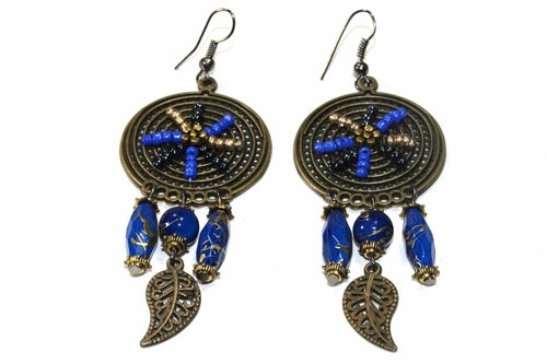 Silver Hestia Dream Catcher bead work earrings with intricate thread and bead designs hanging from silver hooks.
