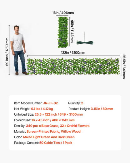 Start2Finish VEVOR expandable artificial ivy fence privacy screen with lush green panels, 25.5 x 122 inches, outdoor decorative greenery