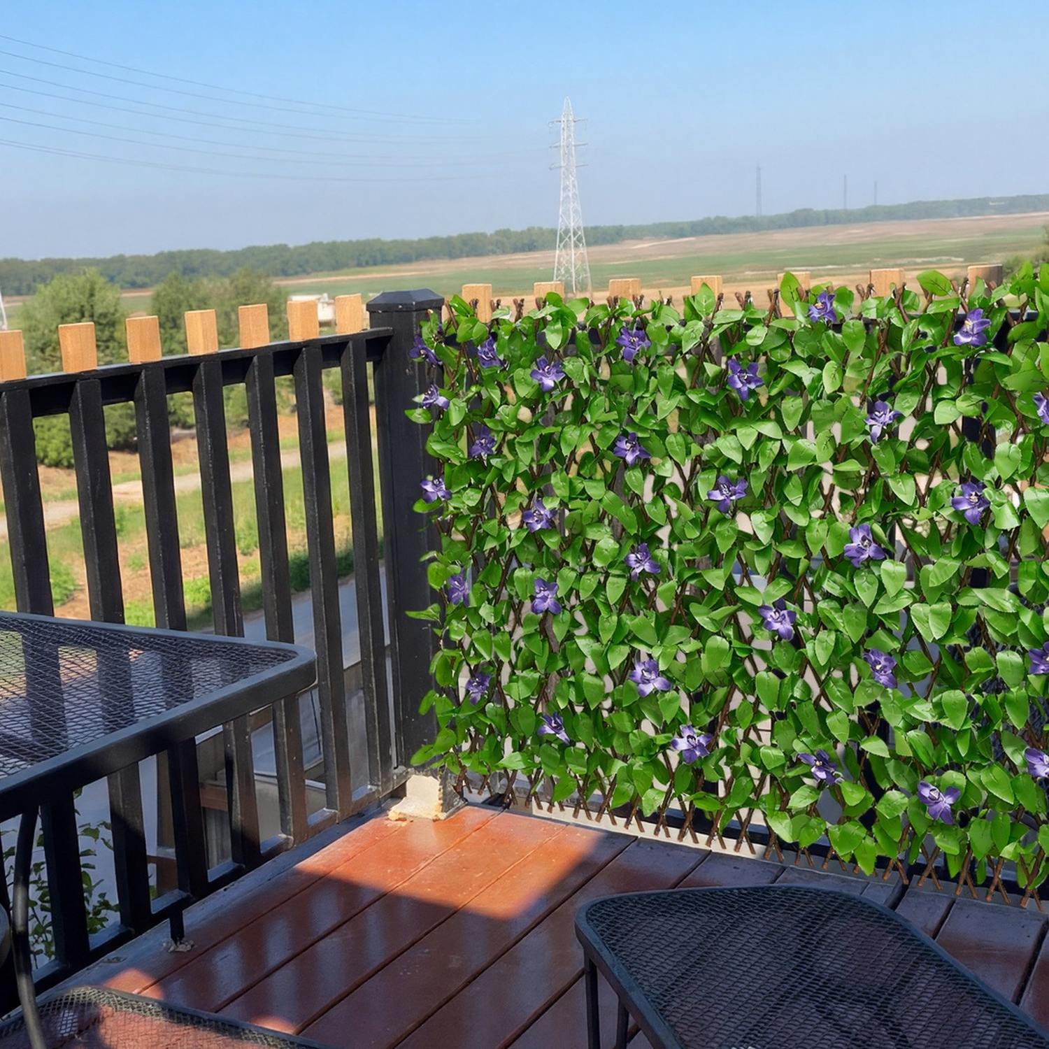 Start2Finish VEVOR expandable artificial ivy fence panel with green faux greenery for outdoor balcony or patio privacy backdrop.