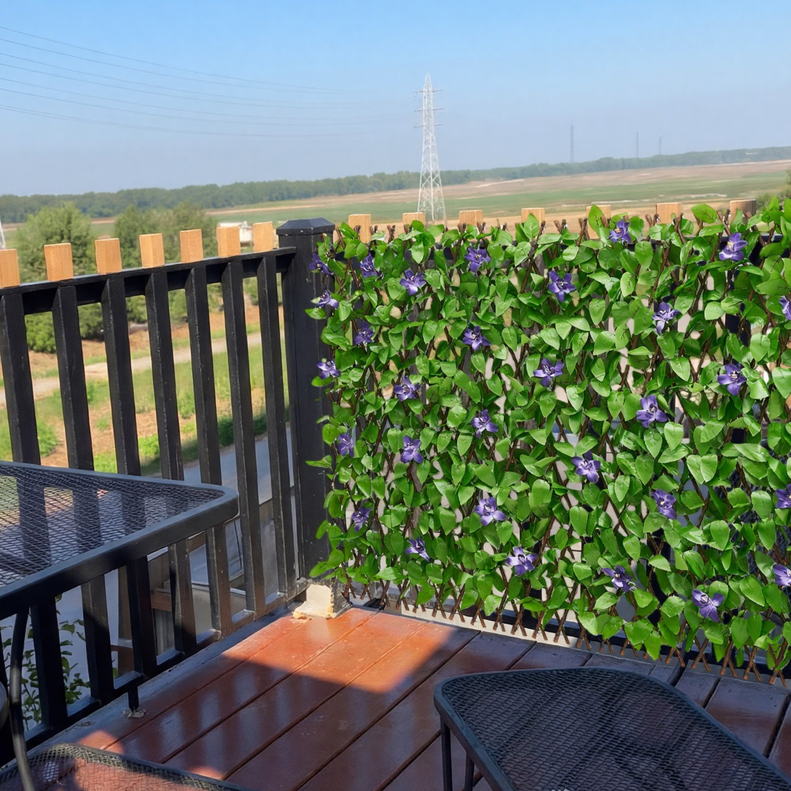 Start2Finish VEVOR expandable artificial ivy fence panel with green faux greenery for outdoor balcony or patio privacy backdrop.