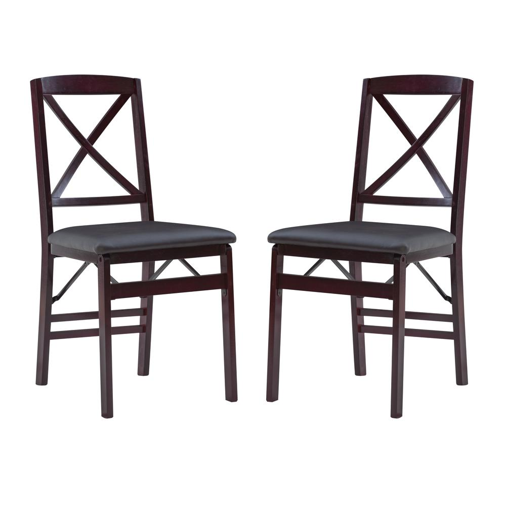 Set of two Start2Finish Triena 18-inch X-back folding chairs with wooden seats and metal frames, shown folded for easy storage.