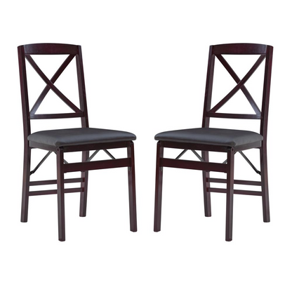 Set of two Start2Finish Triena 18-inch X-back folding chairs with wooden seats and metal frames, shown folded for easy storage.