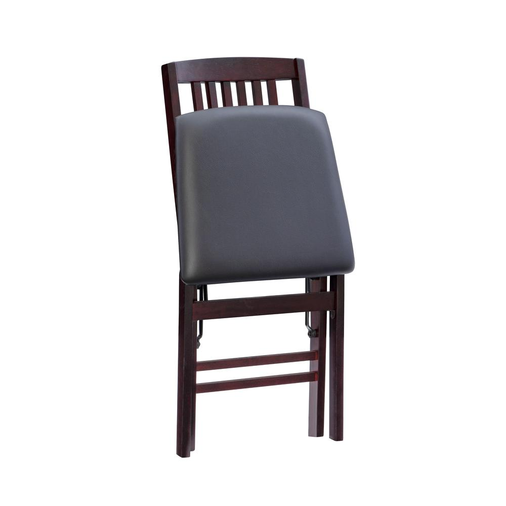Start2Finish Triena 18-inch mission folding chairs set of two, black metal frames with wooden seats and backrests, folded for storage.