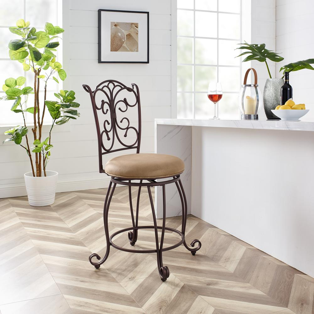 Start2Finish gathered back counter stool, 24-inch height, featuring a wooden seat and metal frame for a modern kitchen bar area.