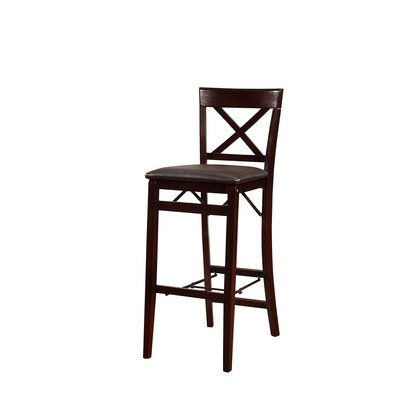 Start2Finish Triena 30-inch X-back folding bar stool with wooden legs and cushioned seat, ideal for kitchen or bar area.