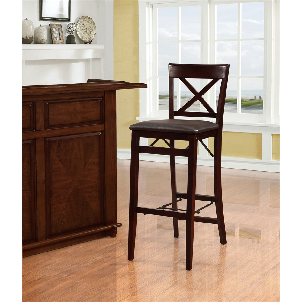 Start2Finish Triena 30-inch backless folding bar stool with X-style backrest, ideal for versatile kitchen or bar seating.