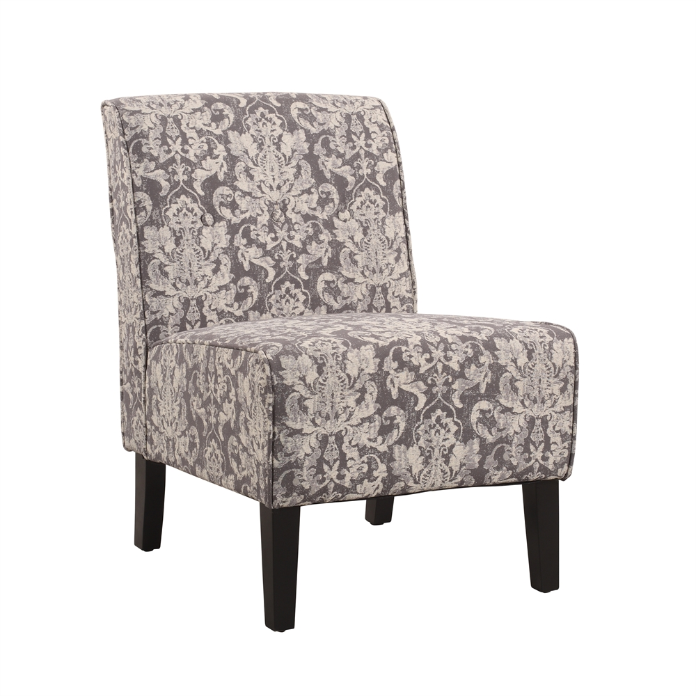 Gray damask Coco accent chair by Start2Finish, featuring plush upholstery and a stylish, comfortable furniture design.