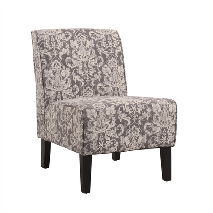 Gray damask Coco accent chair by Start2Finish, featuring plush upholstery and a stylish, comfortable furniture design.
