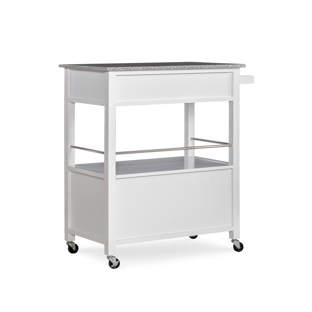 Start2Finish Cameron White Kitchen Cart with durable granite top, featuring storage shelves and a modern design for versatile kitchen use.