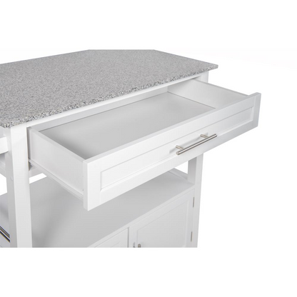 Start2Finish Cameron White Kitchen Cart with granite top, featuring storage shelves and a sturdy, modern design.