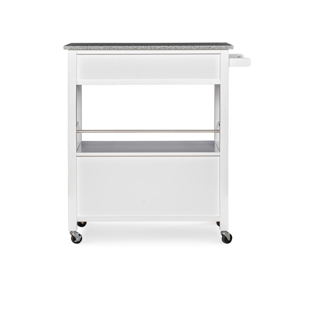 Start2Finish Cameron White kitchen cart with granite top, featuring storage shelves and a sturdy design for kitchen organization.