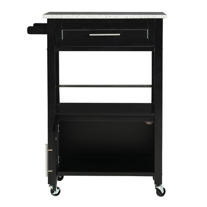 Start2Finish Mitchell Black kitchen cart with granite top, featuring storage shelves and a durable surface for cooking and prep.