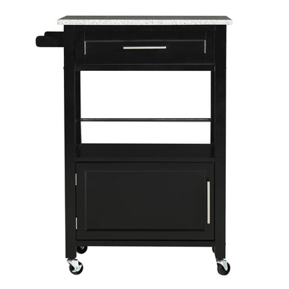 Start2Finish Mitchell Black kitchen cart with granite top, featuring storage shelves and a sturdy design for kitchen use.