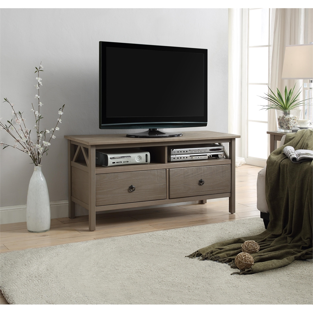 Start2Finish Titian Driftwood TV stand with sleek wood finish, featuring open shelves and storage compartments for modern living room.