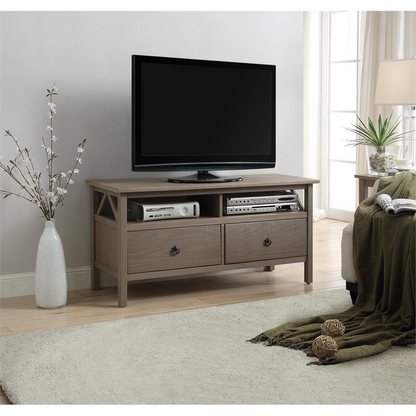 Start2Finish Titian Driftwood TV stand with sleek wood finish, featuring open shelves and storage compartments for modern living room.