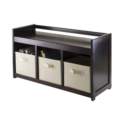 Start2Finish Addison 4-piece beige storage bench with three foldable fabric baskets, showcasing versatile furniture with ample storage.