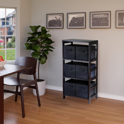 Start2Finish Capri 3-Section M Storage Shelf with six foldable black fabric baskets for organized home storage.
