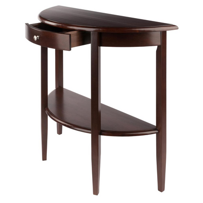 Start2Finish Concord Hall console table with half-moon shape, drawer, and shelf in a modern design.