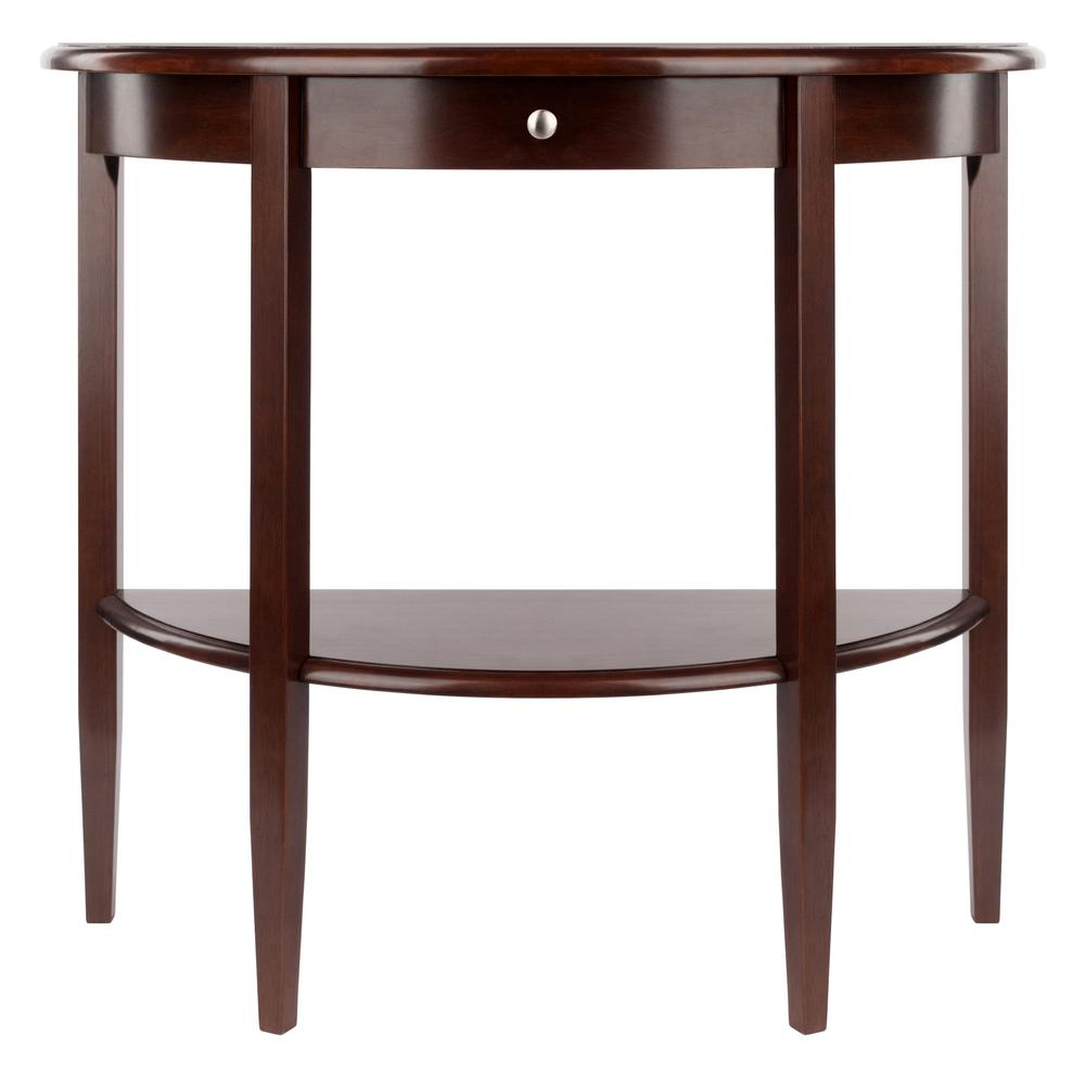 Start2Finish Concord Hall console table with a half-moon shape, drawer, and shelf, showcasing its stylish wooden design.