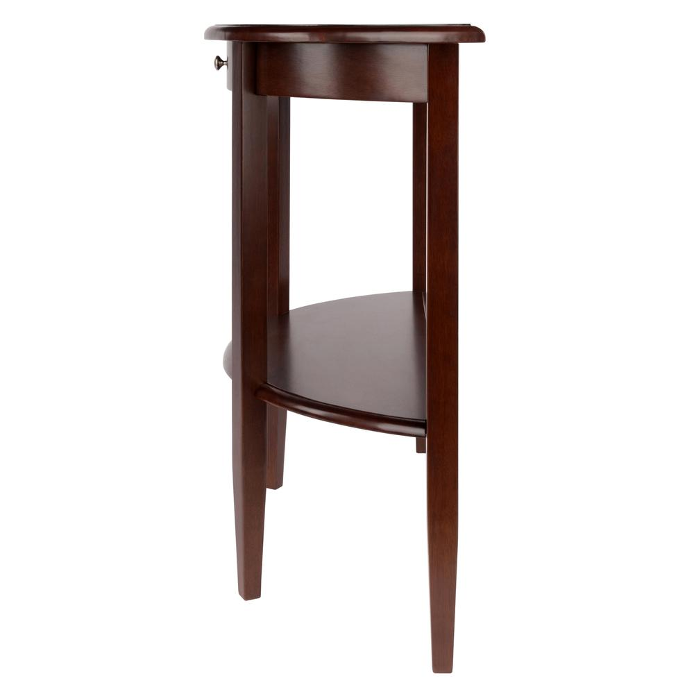 Start2Finish Concord Hall console table with half moon shape, drawer, and shelf, showcasing a sleek wooden design.