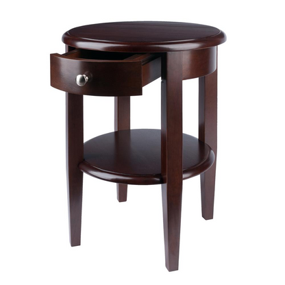 Start2Finish Concord round end table with drawer and shelf, featuring a wooden surface and modern furniture design.