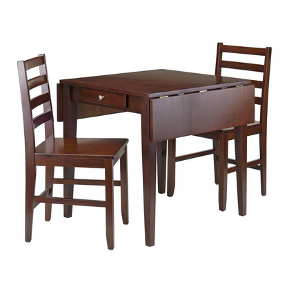Hamilton 3-piece drop leaf dining table with two ladder back chairs by Start2Finish, showcasing the wood finish and compact design.