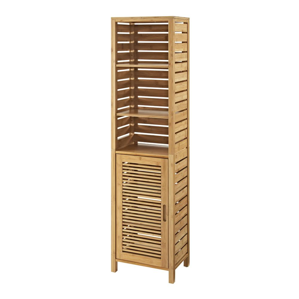 Start2Finish Bracken Tall Bath Cabinet with storage shelves and door, featuring a modern wooden finish.