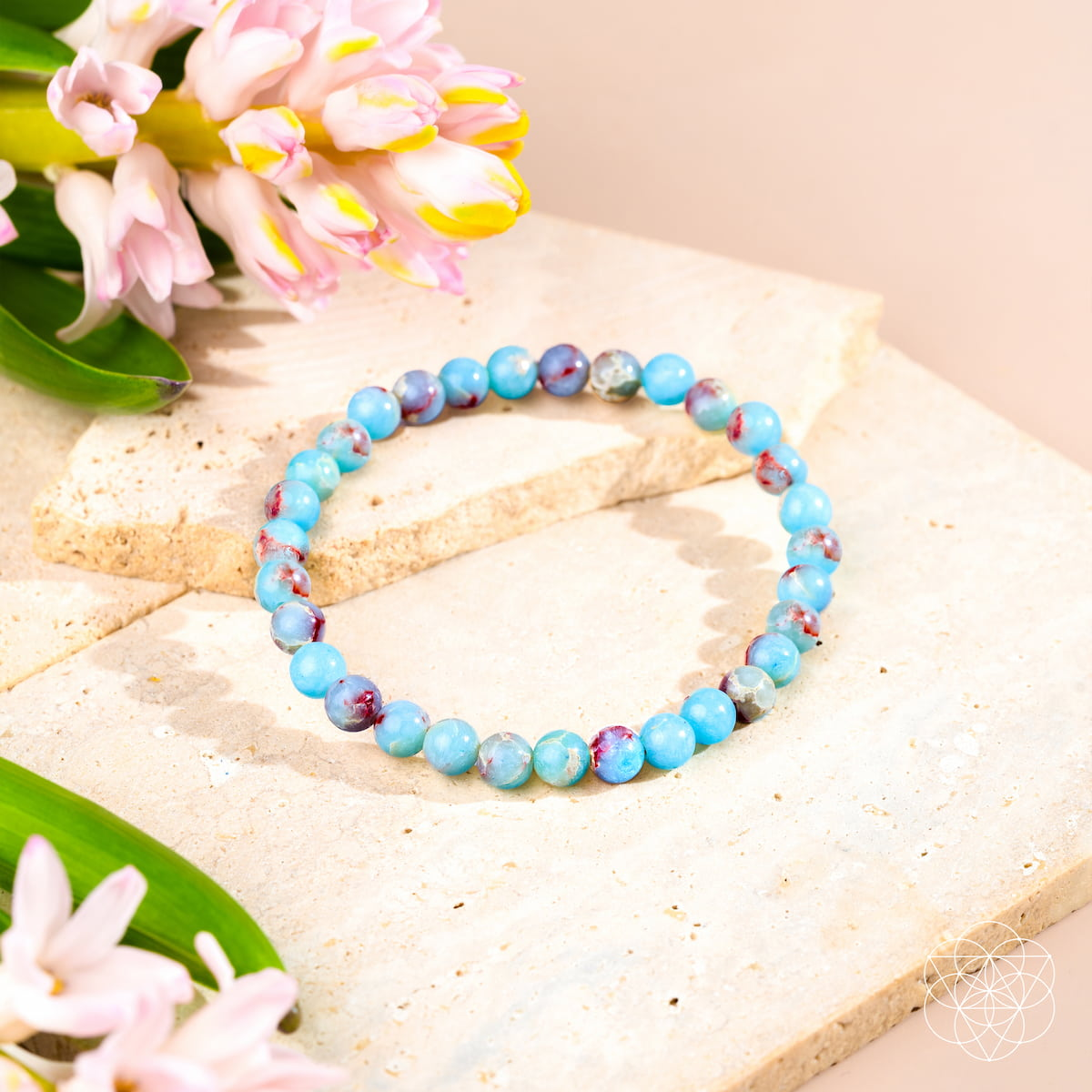 Empath’s Shield Aqua Terra Jasper bracelet featuring 6mm round beads, natural stone jewelry in earthy blue and green tones.