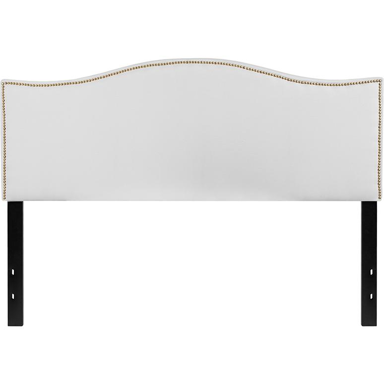 White upholstered queen size headboard with accent nail trim, featuring a soft fabric finish and elegant furniture design.